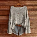 Women's casual loose long sleeve floral knit sweater chic pullover top with shorts - S / Tops / Color 850