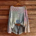 Women casual long sleeve knit sweater with vintage 3d patchwork digital print design. - S / Tops / Color 853