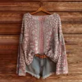 Women floral printed long sleeve knit sweater casual loose pullover top for daily wear - S / Tops / Color 857