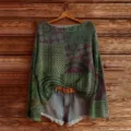 Women's vintage green abstract printed long sleeve knit sweater with denim shorts. - L / Tops / Style 858