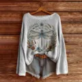 Casual loose long sleeve knit sweater for women with dragonfly floral graphic print design. - S / Tops / Color 859