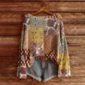 Women's vintage ethnic style patchwork long sleeve knit sweater casual retro pullover top - S / Tops / 861