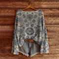 Casual blue floral print loose long sleeve knitted sweater variant for women mode. - S / 865
