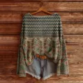 Women's vintage printed long sleeve knitted sweater casual loose pullover with denim shorts - S / Tops / 870