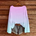 Gradient knit sweater with denim shorts, casual long sleeve pullover top for women daily wear. - 5XL / Tops / Color 871