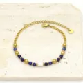 Close-up of titanium steel bracelet with lapis lazuli beads and freshwater pearl - Dark Blue