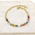 Detail of a titanium steel bracelet featuring colorful natural stones and a freshwater pearl. - Rainbow