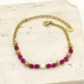 Detail of stainless steel bracelet with magenta stone beads and a freshwater pearl - Rose Red
