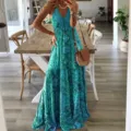 Elegante vestido largo bohemio estampado verde y azul con cuello en V para mujer - S / Vestidos / Verde