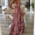 Vestido largo bohemio con estampado floral, escote en V y talle alto para mujer - S / Vestidos / Rosa