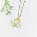 Squisito collana con ciondolo a doppio cigno con zirconi scintillanti vista dettagli. - Stile Cuore Doppio Cigno Dorato (XL1200-065)