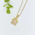 Squisita collana con ciondolo a forma di casa dorata e zirconi rosa scintillanti, trendy. - Casa con Finestra Rosa (XL1470-84)
