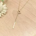 Gold lariat necklace stainless steel geometric square bar pendant delicate jewelry detail shot - XL1338-18 Gold Color