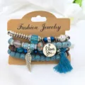 Boho set gynaikeion vrahiolion se polla epipeda me founta kai charm gia yperoho styl. - Μπλε του Παγωνιού