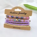 Set boho mωβ βραχιόλι με χάντρες κακό μάτι και λαμπερές χρυσές μεταλλικές χάντρες. - Μωβ