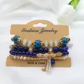 Boho πολυlayer σετ βραχιόλι με χάντρες με μπλε πέτρες και κρυστάλλινο μενταγιόν. - Μωβ