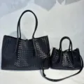 Black woven leather tote bag set, large capacity shoulder handbag for women, casual daily use. - 40cm x 27cm x 17cm / Black
