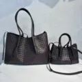 Genuine leather woven tote bag set, large capacity shoulder handbag in dark brown. - 40cm x 27cm x 17cm / Coffee