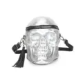 Bolso cruzado de calavera plateada estilo punk gótico con correa negra y borla decorativa. - Bolso de calavera plata antigua de Halloween