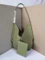 Woven green leather shoulder bag slouchy large capacity hobo handbag with small pouch. - Green