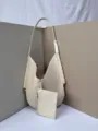 Woven leather hobo shoulder bag with small pouch detail, soft cream white large capacity tote. - Off White