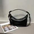 Hand-woven leather shoulder bag with contrast braided handle, stylish genuine leather hobo bag. - Blank / Black