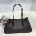 Dark brown genuine leather tote bag, minimalist stylish shoulder baguette bag for women. - Blank Style / 38x10x18cm / Smooth Coffee