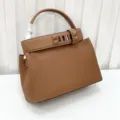 Brown leather top handle bag women retro shoulder crossbody bag with metal stud decoration. - Gold Brown