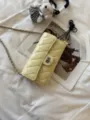 Quilted leather chain phone bag detailed view, elegant yellow crossbody shoulder bag. - 18cm / Square Buckle / Yellow