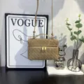 Beige suede woven vanity bag with top handle and crossbody strap for women chic style. - Apricot