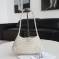 White woven leather underarm bag vintage shoulder bag stylish fashion dumpling handbag - Blank / White