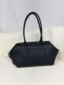 Black genuine leather East West bowling bag minimalist large capacity shoulder tote bag. - Blank / Black