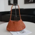 Brown genuine leather woven hobo shoulder bag, vintage casual dumpling style handbag for women. - Blank / Brown