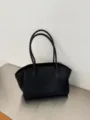 Minimalist black leather tote bag, large capacity shoulder bag for women daily commute. - Alphabet / 12-Inch Smooth Black