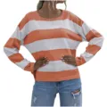 Vista detallada del jersey de punto a rayas naranjas y blancas para mujer con cuello - S / Tops / Rojo Anaranjado