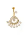 Gold plated curved barbell belly ring featuring CZ paved circle and teardrop tassels - Round Tassel Style (Top-Down) / Gold (Top-Down Style)