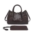 Dark brown woven leather shoulder handbag detail showing intricate craftsmanship and matching pouch. - Coffee