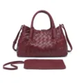 Burgundy woven leather handbag detail, intricate intrecciato pattern with shoulder strap. - Burgundy