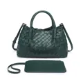 Dark green woven leather detail view, showing intricate intrecciato texture and matching pouch. - Dark Green