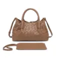Detailed view of a stylish brown leather woven tote bag with top handles and matching pouch. - Brown