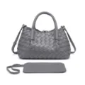 Detailed view of the gray woven leather handbag featuring intricate intrecciato design pattern. - Gray