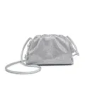 Silver rhinestone clutch bag detail view, sparkling crystal pouch with slim shoulder strap. - Silver