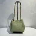 Green woven leather bucket shoulder bag with gold chain strap, stylish everyday fashion handbag. - Travertine Green