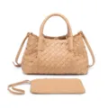 Woven leather handbag detail, premium intrecciato texture, elegant beige tote bag craft. - Taupe