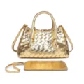 Gold woven leather handbag featuring top handles, removable shoulder strap, and pouch. - Gold