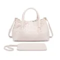 Elegant beige woven leather tote bag with top handles, shoulder strap and matching pouch. - Off White