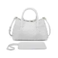 White woven leather tote bag with top handle and matching pouch for women daily casual style. - White