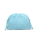 Light blue woven leather pouch clutch bag, stylish soft cloud bag with drawstring details. - Light Blue