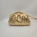 Gold woven clutch bag, soft leather pouch handbag with strap, stylish large capacity purse. - Gold