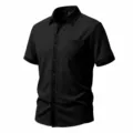 Heren casual wafel korte mouw overhemd zomer losse pasvorm knoopzak revers top - S / Zwart